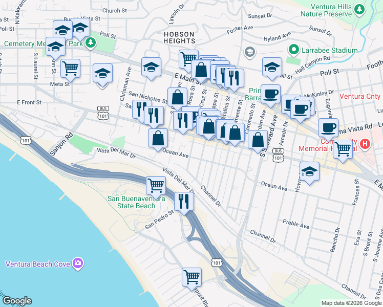 map of restaurants, bars, coffee shops, grocery stores, and more near 1911 Ocean Avenue in Ventura