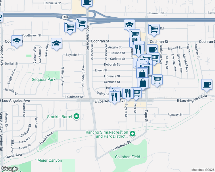 map of restaurants, bars, coffee shops, grocery stores, and more near 4109 Helene Street in Simi Valley