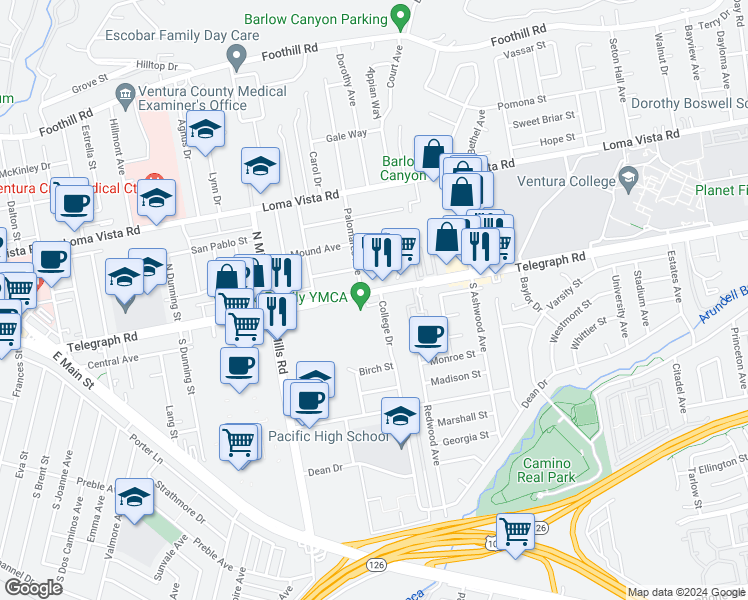 map of restaurants, bars, coffee shops, grocery stores, and more near 9 College Drive in Ventura