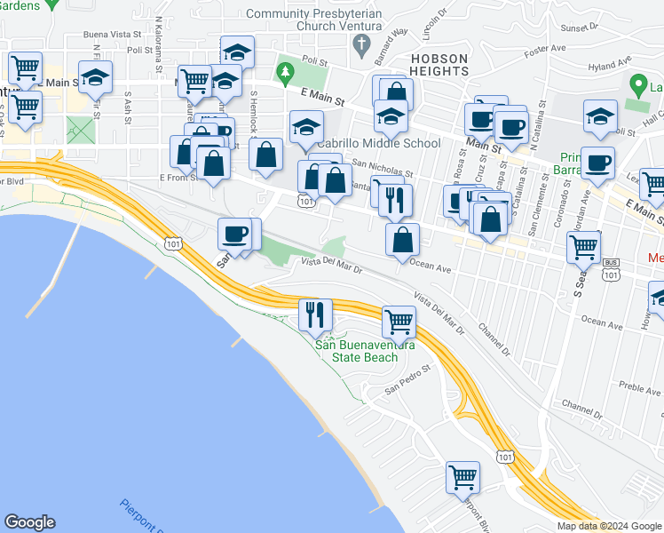map of restaurants, bars, coffee shops, grocery stores, and more near 1594 Vista Del Mar Drive in Ventura