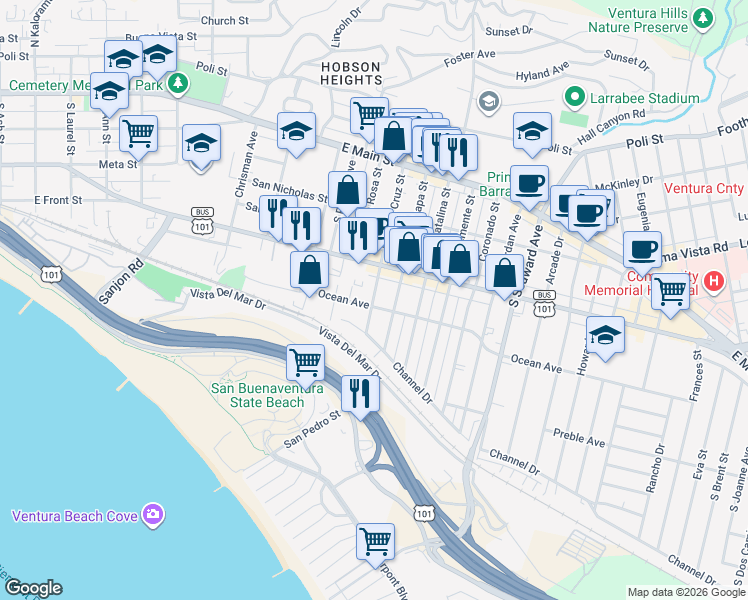 map of restaurants, bars, coffee shops, grocery stores, and more near 1907 Ocean Avenue in Ventura