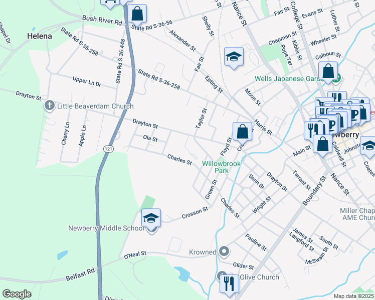 map of restaurants, bars, coffee shops, grocery stores, and more near Monroe Street in Newberry
