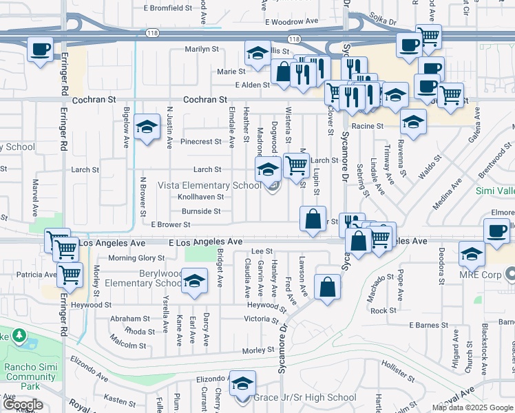 map of restaurants, bars, coffee shops, grocery stores, and more near 2071 Madrone Street in Simi Valley