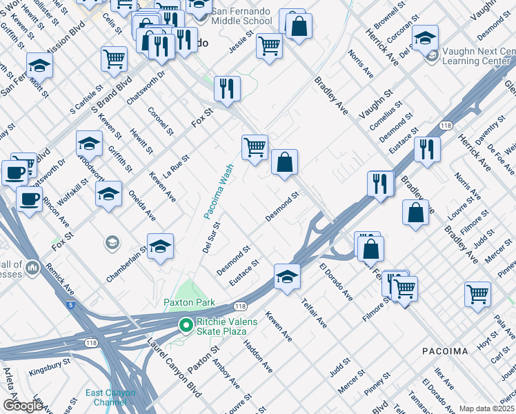 map of restaurants, bars, coffee shops, grocery stores, and more near 11227 El Dorado Avenue in Los Angeles