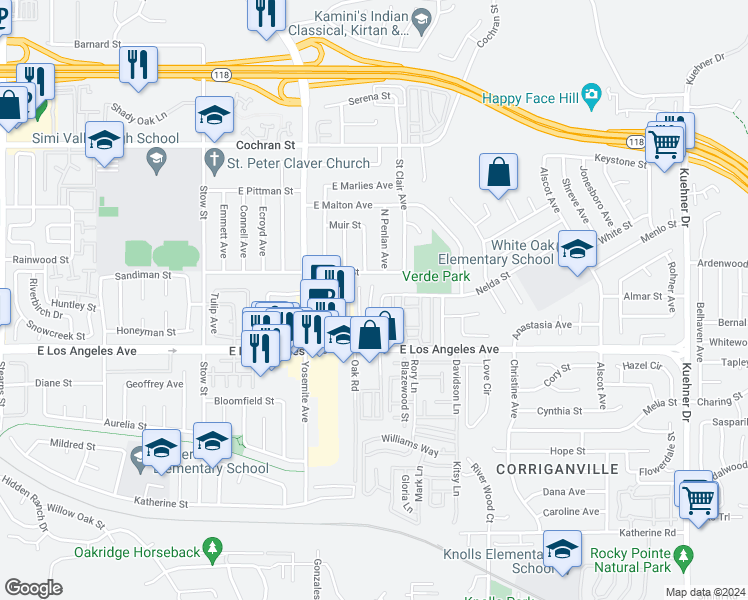 map of restaurants, bars, coffee shops, grocery stores, and more near 2067 North Avenida Vista Del Monte in Simi Valley