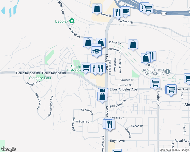 map of restaurants, bars, coffee shops, grocery stores, and more near 51 Tierra Rejada Road in Simi Valley