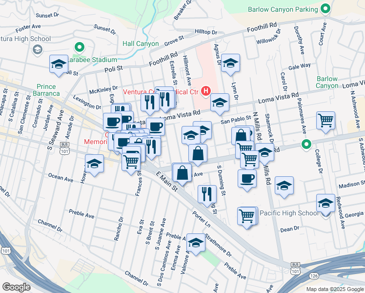 map of restaurants, bars, coffee shops, grocery stores, and more near 74 North Dos Caminos Avenue in Ventura