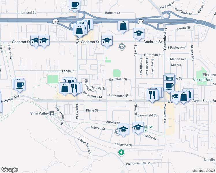 map of restaurants, bars, coffee shops, grocery stores, and more near 2076 Emory Avenue in Simi Valley