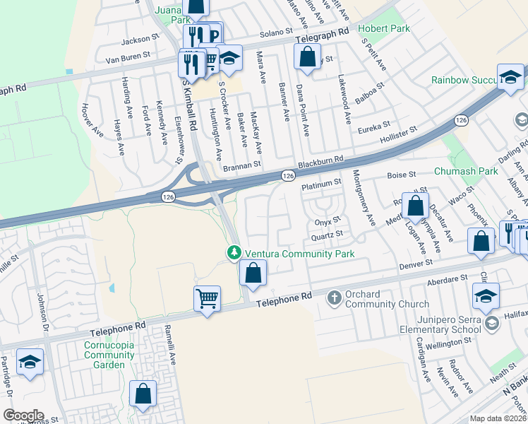 map of restaurants, bars, coffee shops, grocery stores, and more near 8031 Agate Street in Ventura