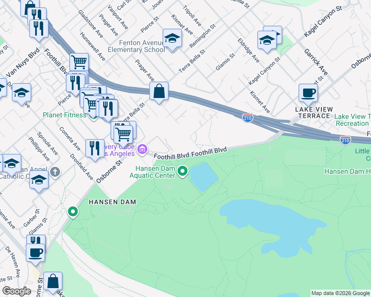 map of restaurants, bars, coffee shops, grocery stores, and more near 11641 Foothill Boulevard in Los Angeles