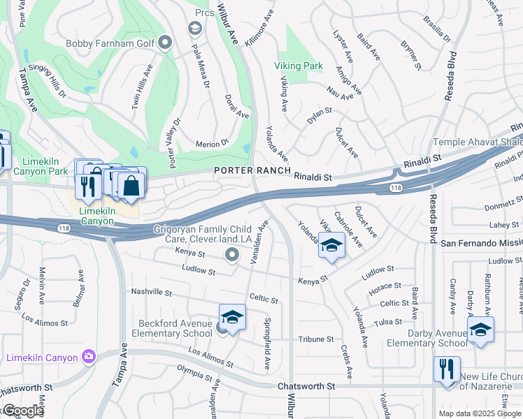 map of restaurants, bars, coffee shops, grocery stores, and more near 11215 Wilbur Avenue in Los Angeles