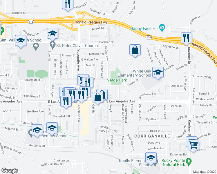map of restaurants, bars, coffee shops, grocery stores, and more near 6002 Nelda Street in Simi Valley