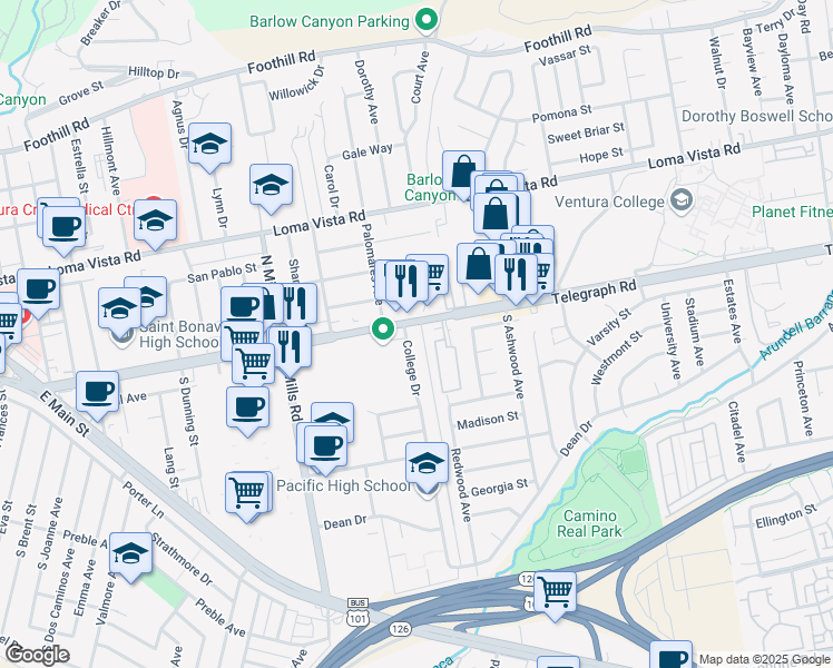 map of restaurants, bars, coffee shops, grocery stores, and more near 16 College Drive in Ventura