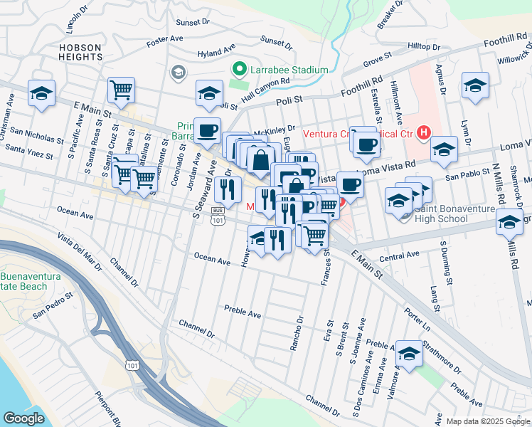 map of restaurants, bars, coffee shops, grocery stores, and more near 107 South Katherine Drive in Ventura