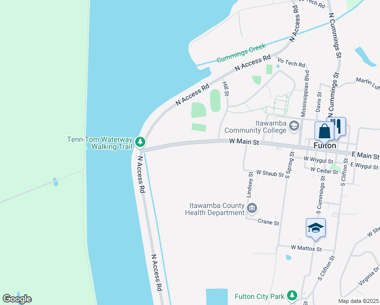 map of restaurants, bars, coffee shops, grocery stores, and more near 905 West Main Street in Fulton
