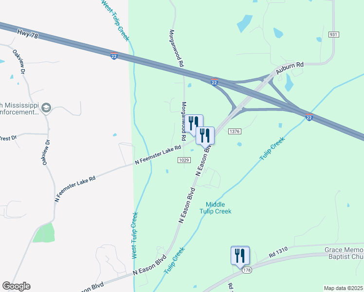 map of restaurants, bars, coffee shops, grocery stores, and more near 1491-1499 Old Auborn Road in Tupelo