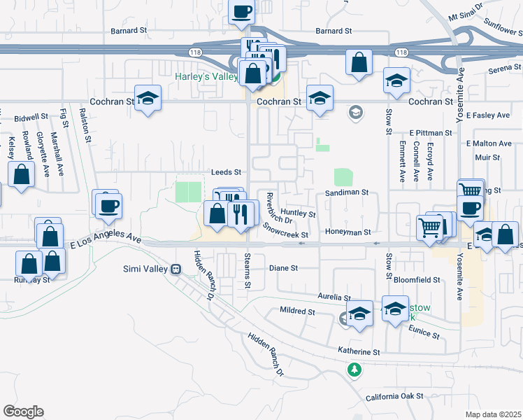 map of restaurants, bars, coffee shops, grocery stores, and more near 2136 Crosscreek Avenue in Simi Valley