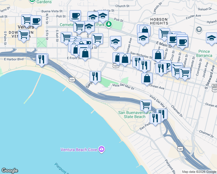 map of restaurants, bars, coffee shops, grocery stores, and more near 1497 Vista Del Mar Place in Ventura