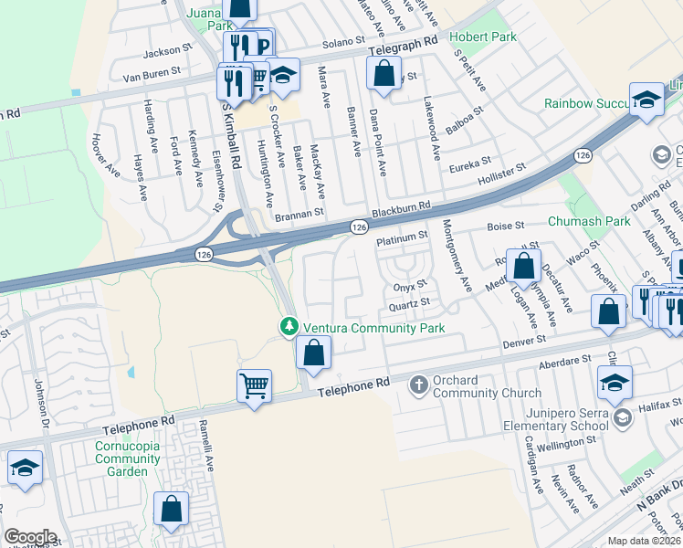 map of restaurants, bars, coffee shops, grocery stores, and more near 8031 Agate Street in Ventura
