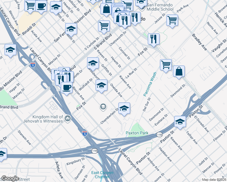 map of restaurants, bars, coffee shops, grocery stores, and more near 14140 La Rue Street in San Fernando