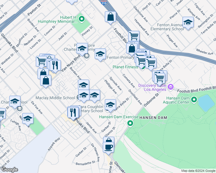 map of restaurants, bars, coffee shops, grocery stores, and more near 11201 Phillippi Avenue in Los Angeles
