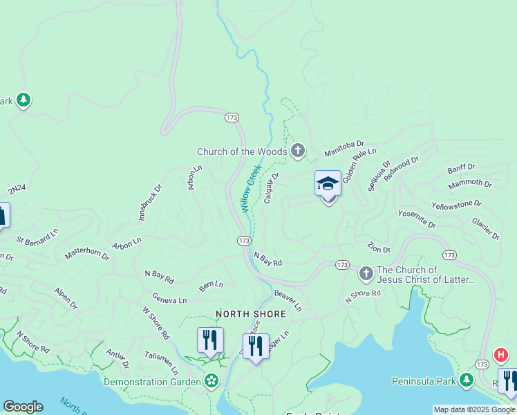map of restaurants, bars, coffee shops, grocery stores, and more near 1302 Calgary Drive in Lake Arrowhead