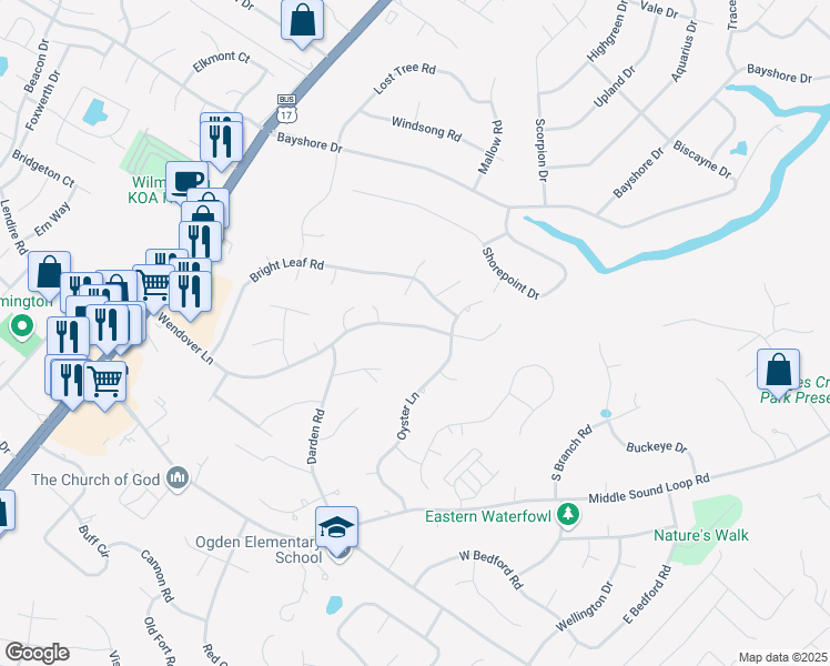 map of restaurants, bars, coffee shops, grocery stores, and more near 428 Wendover Lane in Wilmington