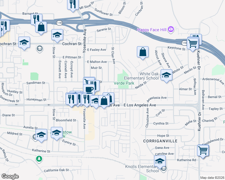 map of restaurants, bars, coffee shops, grocery stores, and more near 2077 North Avenida Refugio in Simi Valley