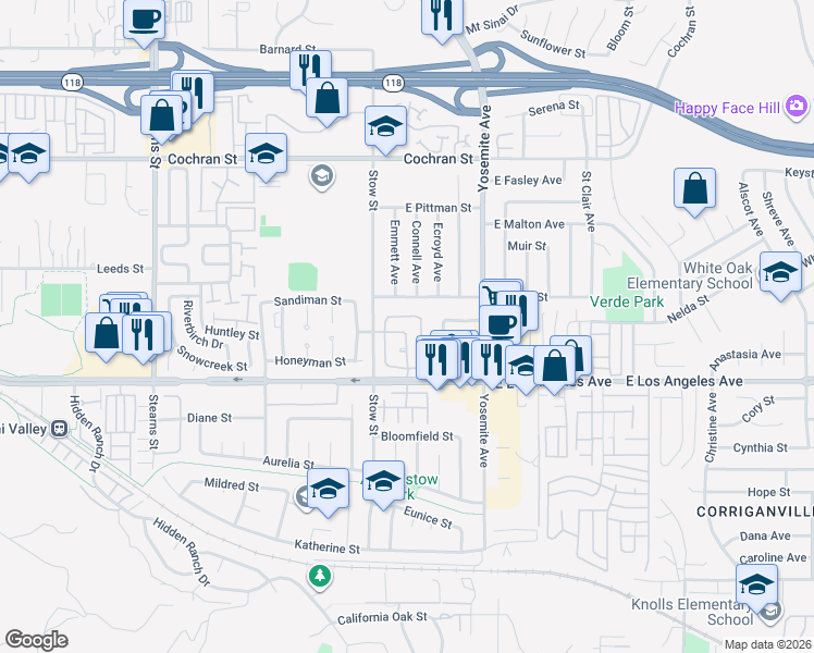 map of restaurants, bars, coffee shops, grocery stores, and more near 5691 Vinca Street in Simi Valley