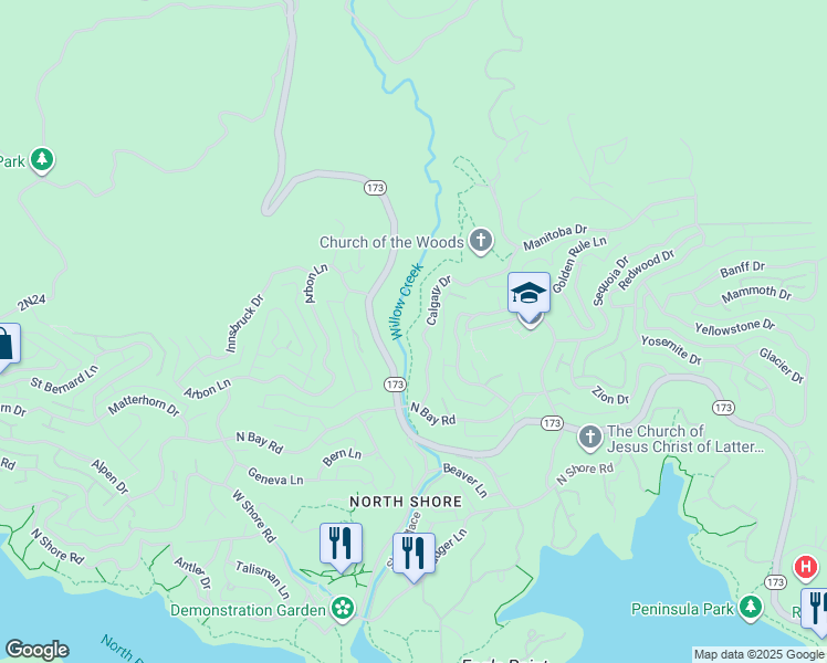 map of restaurants, bars, coffee shops, grocery stores, and more near 1302 Calgary Drive in Lake Arrowhead