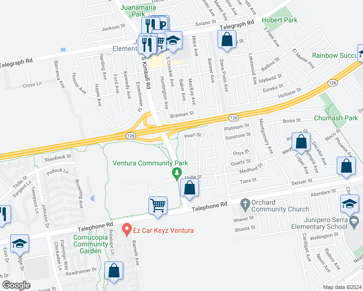 map of restaurants, bars, coffee shops, grocery stores, and more near 673 Sapphire Avenue in Ventura