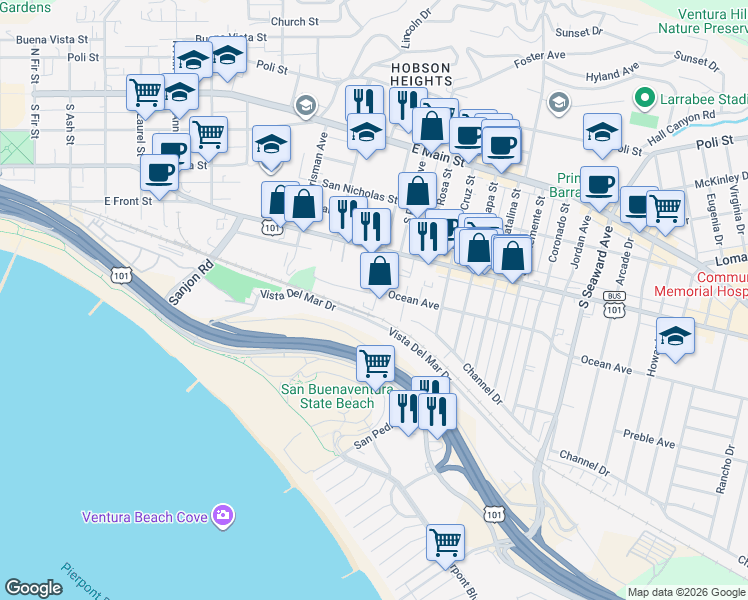 map of restaurants, bars, coffee shops, grocery stores, and more near 435 Hurst Avenue in Ventura