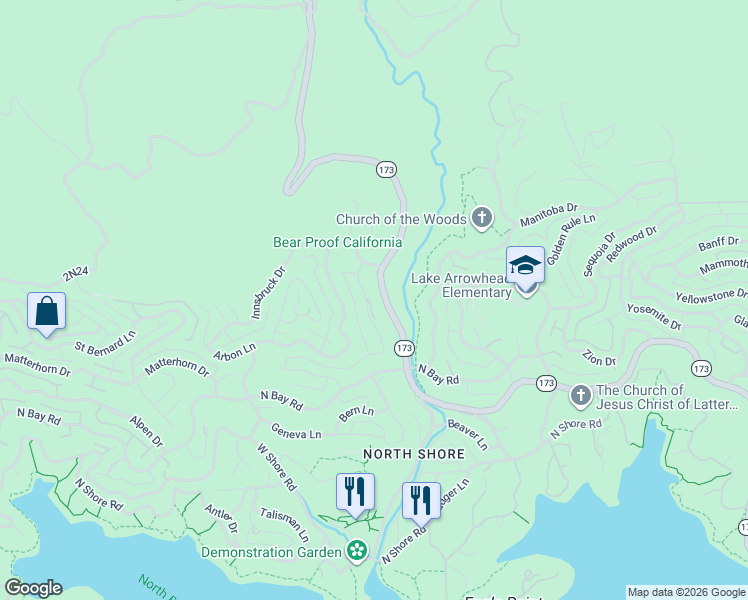 map of restaurants, bars, coffee shops, grocery stores, and more near 1297 Portillo Lane in Lake Arrowhead