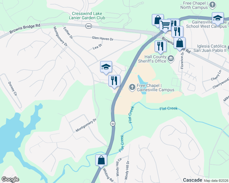 map of restaurants, bars, coffee shops, grocery stores, and more near 3000 McEver Road in Gainesville