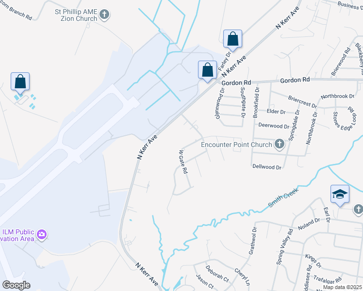 map of restaurants, bars, coffee shops, grocery stores, and more near 4617 West Gate Road in Wilmington