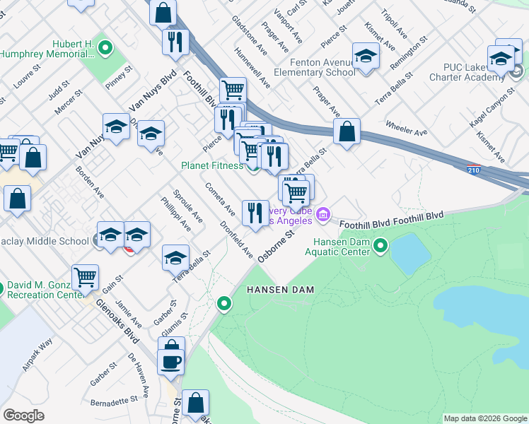 map of restaurants, bars, coffee shops, grocery stores, and more near 12120 Terra Bella Street in Los Angeles