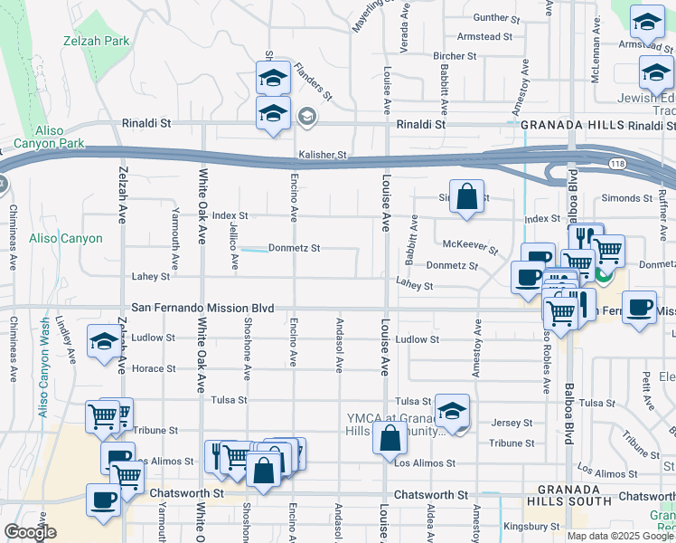 map of restaurants, bars, coffee shops, grocery stores, and more near 17401 Lahey Street in Los Angeles