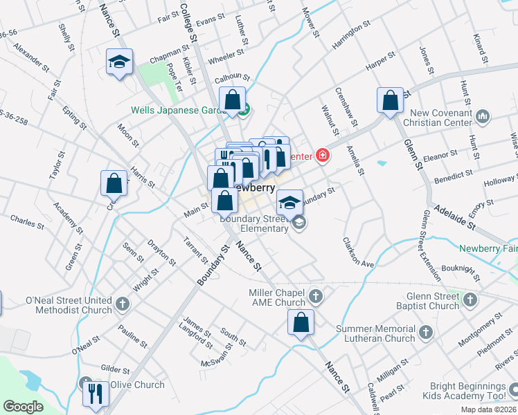 map of restaurants, bars, coffee shops, grocery stores, and more near 36 College Street in Newberry