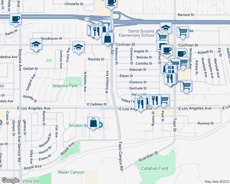 map of restaurants, bars, coffee shops, grocery stores, and more near 2079 Rebecca Street in Simi Valley