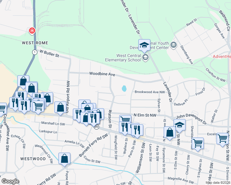map of restaurants, bars, coffee shops, grocery stores, and more near 300 Watson Street in Rome