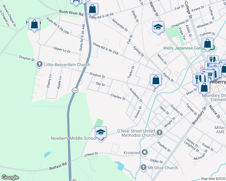 map of restaurants, bars, coffee shops, grocery stores, and more near 1935 Drayton Street in Newberry