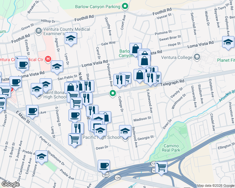 map of restaurants, bars, coffee shops, grocery stores, and more near 1/15 College Drive in Ventura