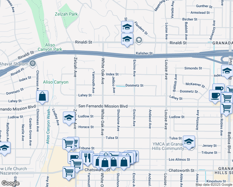 map of restaurants, bars, coffee shops, grocery stores, and more near 11140 Jellico Avenue in Los Angeles