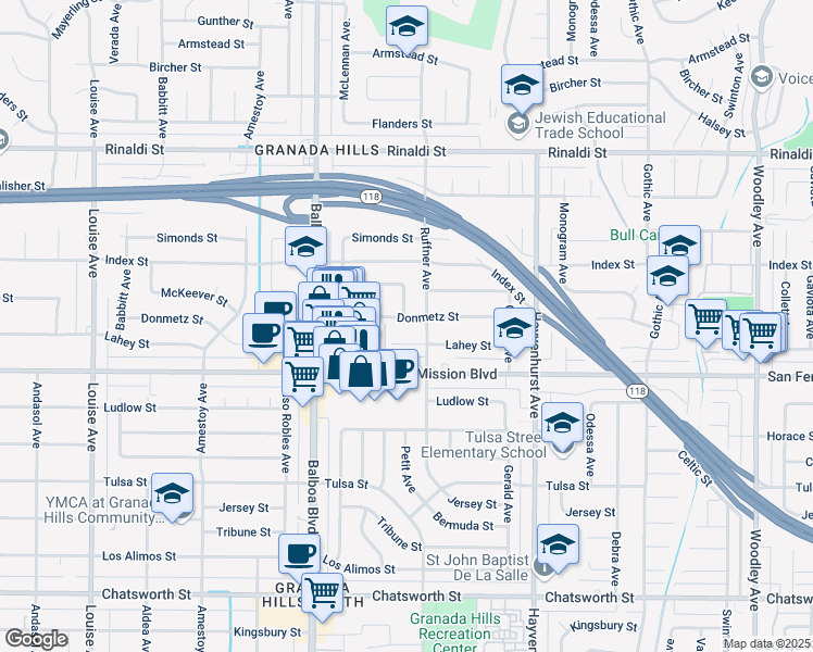 map of restaurants, bars, coffee shops, grocery stores, and more near 16820 Donmetz Street in Los Angeles