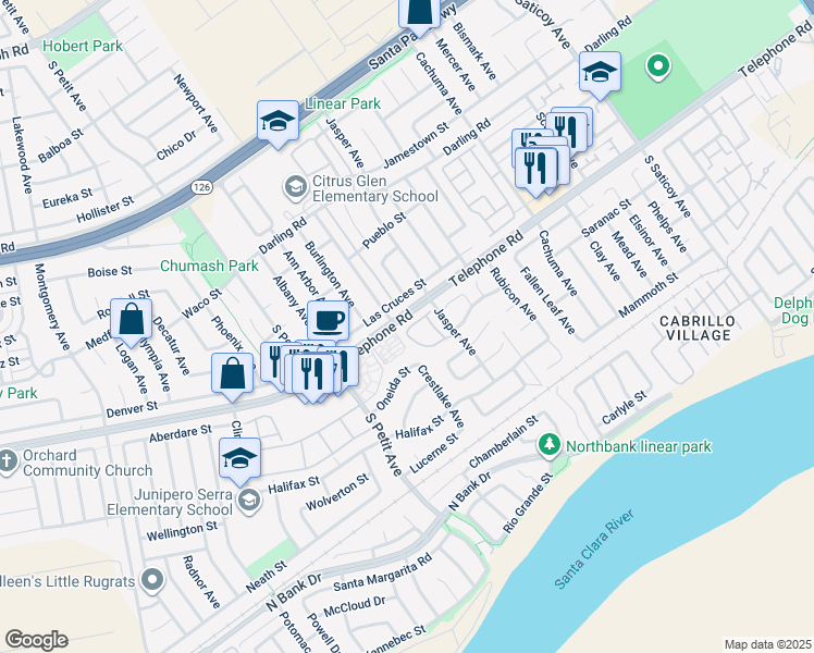 map of restaurants, bars, coffee shops, grocery stores, and more near 9725 Sweetwater Lane in Ventura