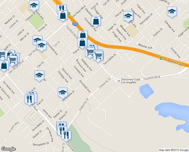 map of restaurants, bars, coffee shops, grocery stores, and more near 12120 Terra Bella Street in Los Angeles