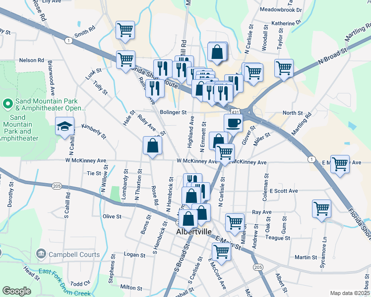 map of restaurants, bars, coffee shops, grocery stores, and more near 404 Highland Avenue in Albertville