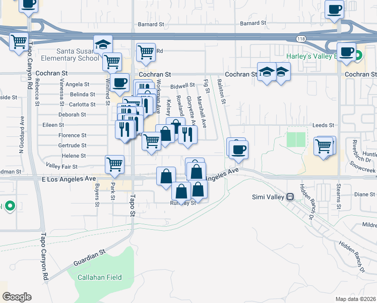 map of restaurants, bars, coffee shops, grocery stores, and more near 4615 Industrial Street in Simi Valley