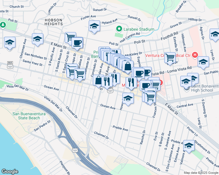 map of restaurants, bars, coffee shops, grocery stores, and more near 2359 East Thompson Boulevard in Ventura