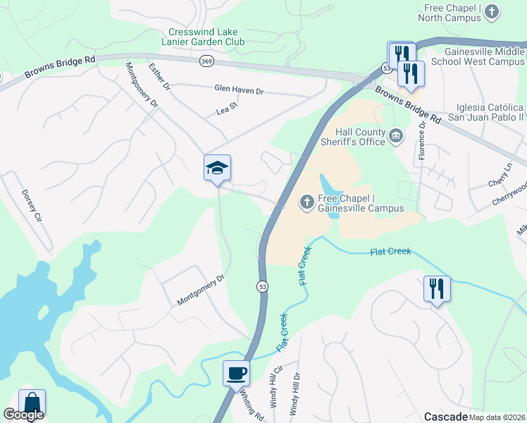 map of restaurants, bars, coffee shops, grocery stores, and more near 3000 McEver Rd in Gainesville